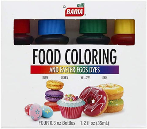 Badia Food Coloring and Easter Eggs Dyes (Blue, Green, Yellow & Red - Each Bottle Contains 0.3 oz) - Total 35ml (1.2 fl oz)